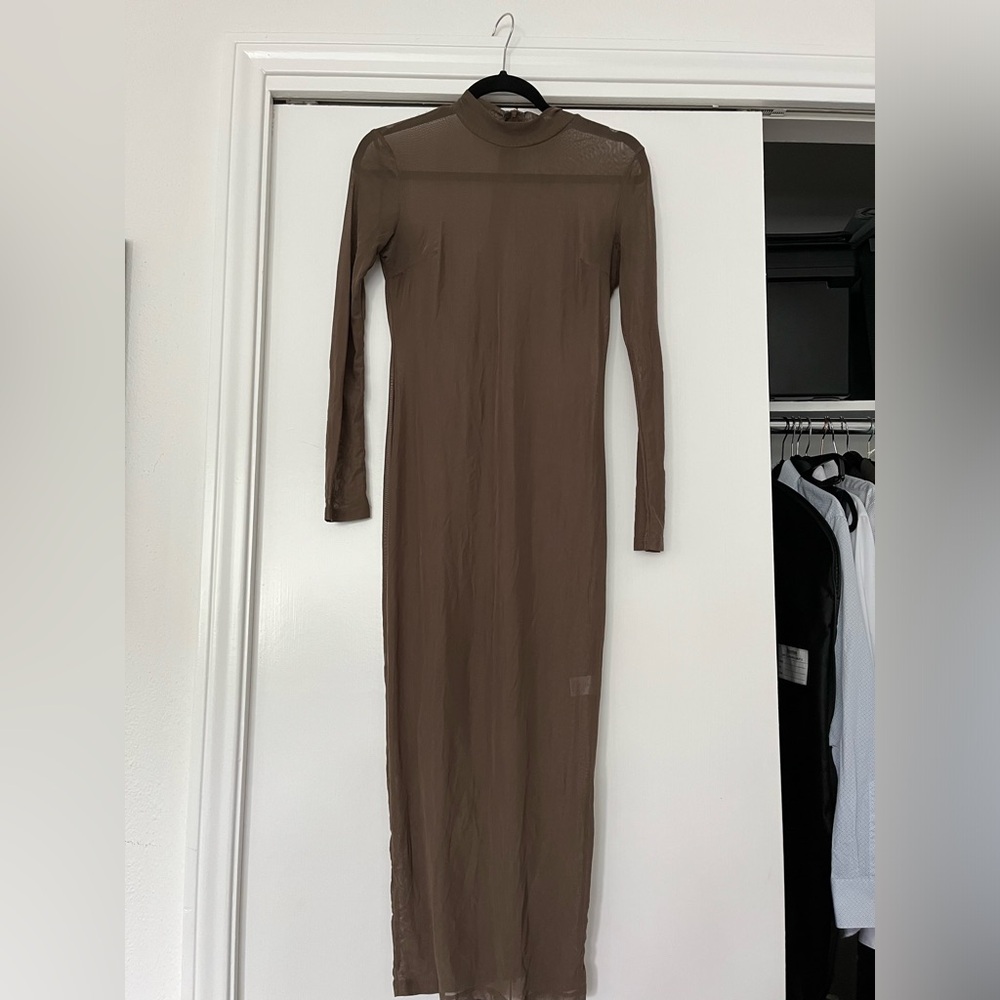 Olive mesh full length dress